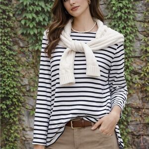 BODEN Nautical Navy and White Striped Great Breton Striped Jersey Knit Top, 14